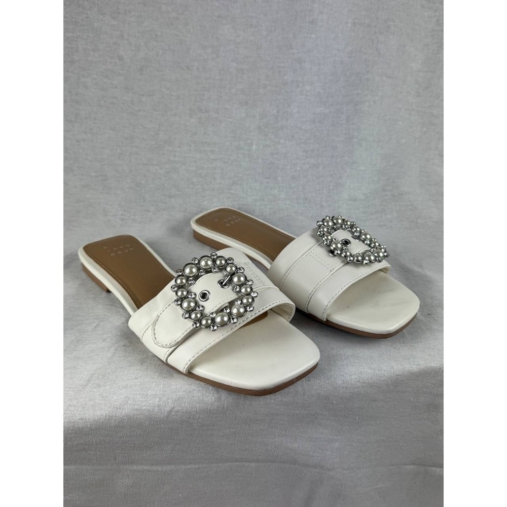 A New Day Womens Pearl Rhinestone Buckle Slide Sandals Cream Square Toe Flat 5.5